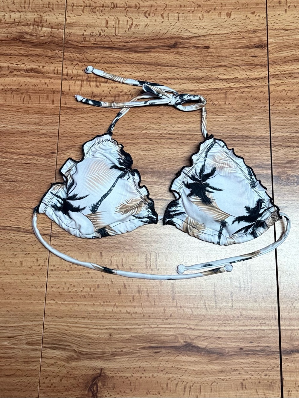 Women Palm Tree Leaf Triangle Bikini Top  with Lettuce Ruffle Trim Brown & Black